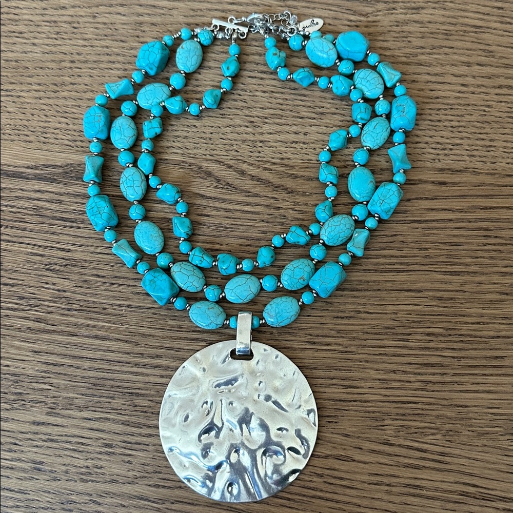 Turquoise Beaded Multi-Strand Necklace with Hammered Silver Pendant
